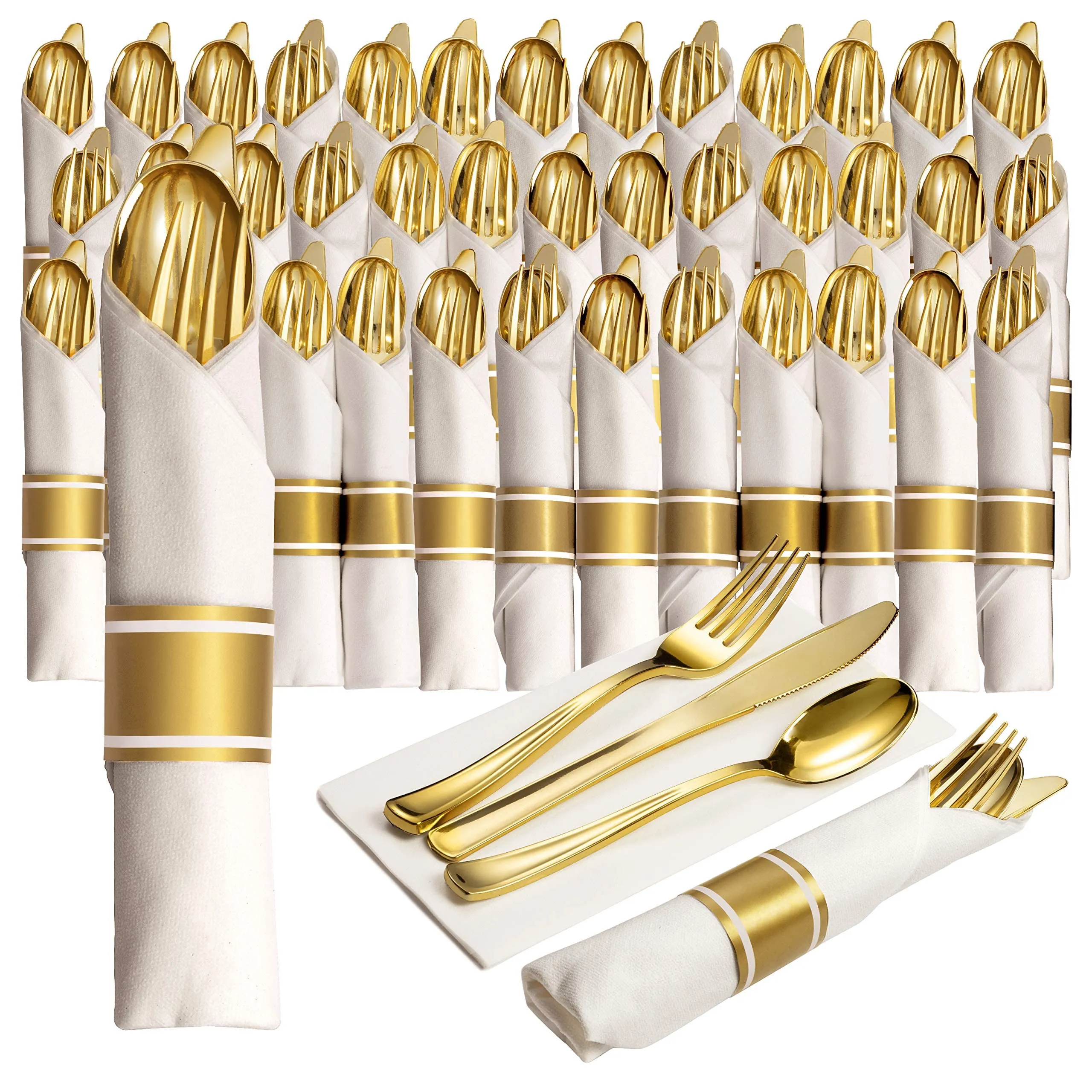 100 Pre Rolled Gold Plastic Silverware - 400pc Set, 100 Guests - Wrapped