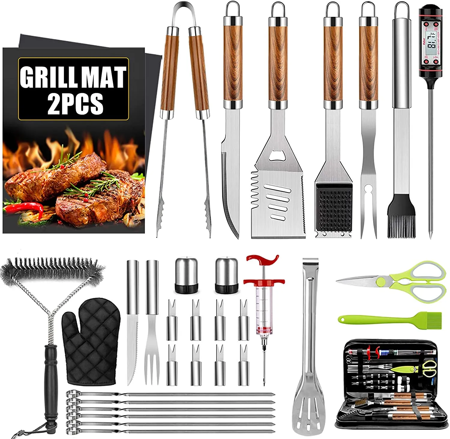 34 Pcs BBQ Grill Accessories Tools Set, 16 Inches Stainless Steel Grilling Tools With Carry Bag