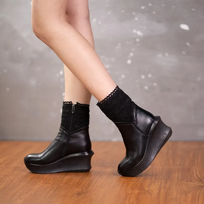 85mm Wedge Ankle Boots For Women Handmade Leather Designer Booties in Black/Coffee