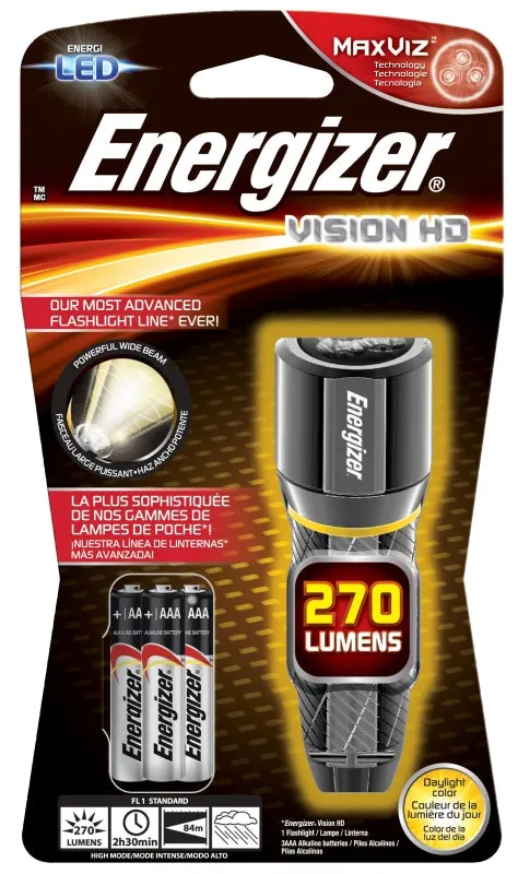 Energizer EPMHH32E Flashlight, AAA Battery, LED Lamp, 250 Lumens, 80 m Beam Distance, 2.5 hr Run Time, Silver :CD: QUANTITY: 1