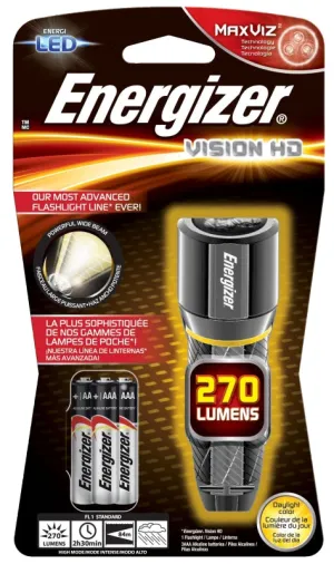 Energizer EPMHH32E Flashlight, AAA Battery, LED Lamp, 250 Lumens, 80 m Beam Distance, 2.5 hr Run Time, Silver :CD: QUANTITY: 1