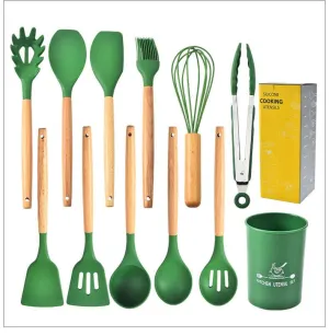 EZYHOME 12Pcs Silicone Cooking Kitchen Utensils Set with Holder, Wooden Handles BPA Free Non Toxic Silicone Turner Tongs Spatula Spoon Kitchen Gadgets Utensil Set for Nonstick Cookware (Green)