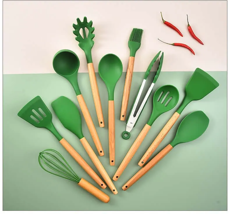 EZYHOME 12Pcs Silicone Cooking Kitchen Utensils Set with Holder, Wooden Handles BPA Free Non Toxic Silicone Turner Tongs Spatula Spoon Kitchen Gadgets Utensil Set for Nonstick Cookware (Green)