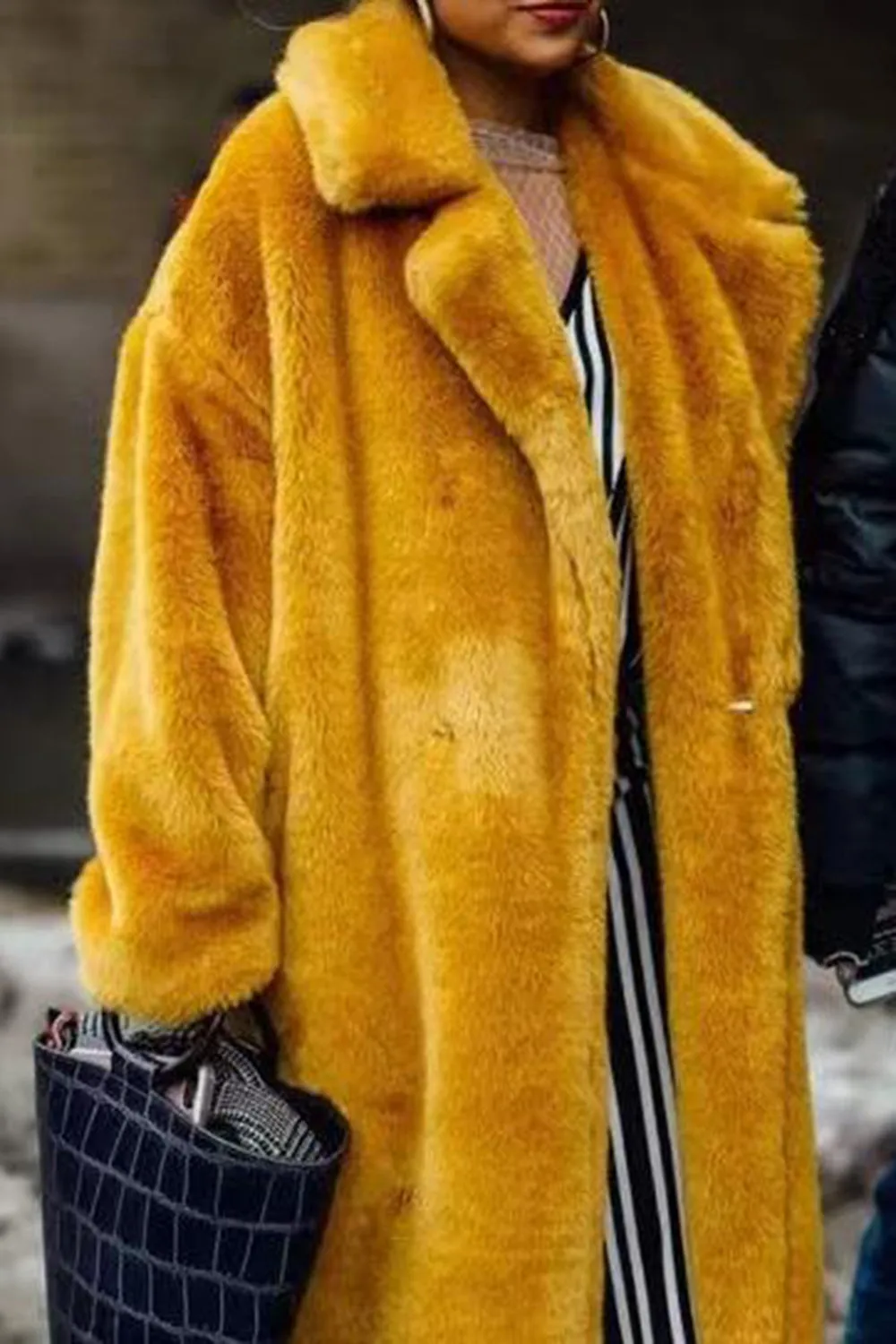 Fluffy Yellow Notched Lapel Faux Fur Long Coat