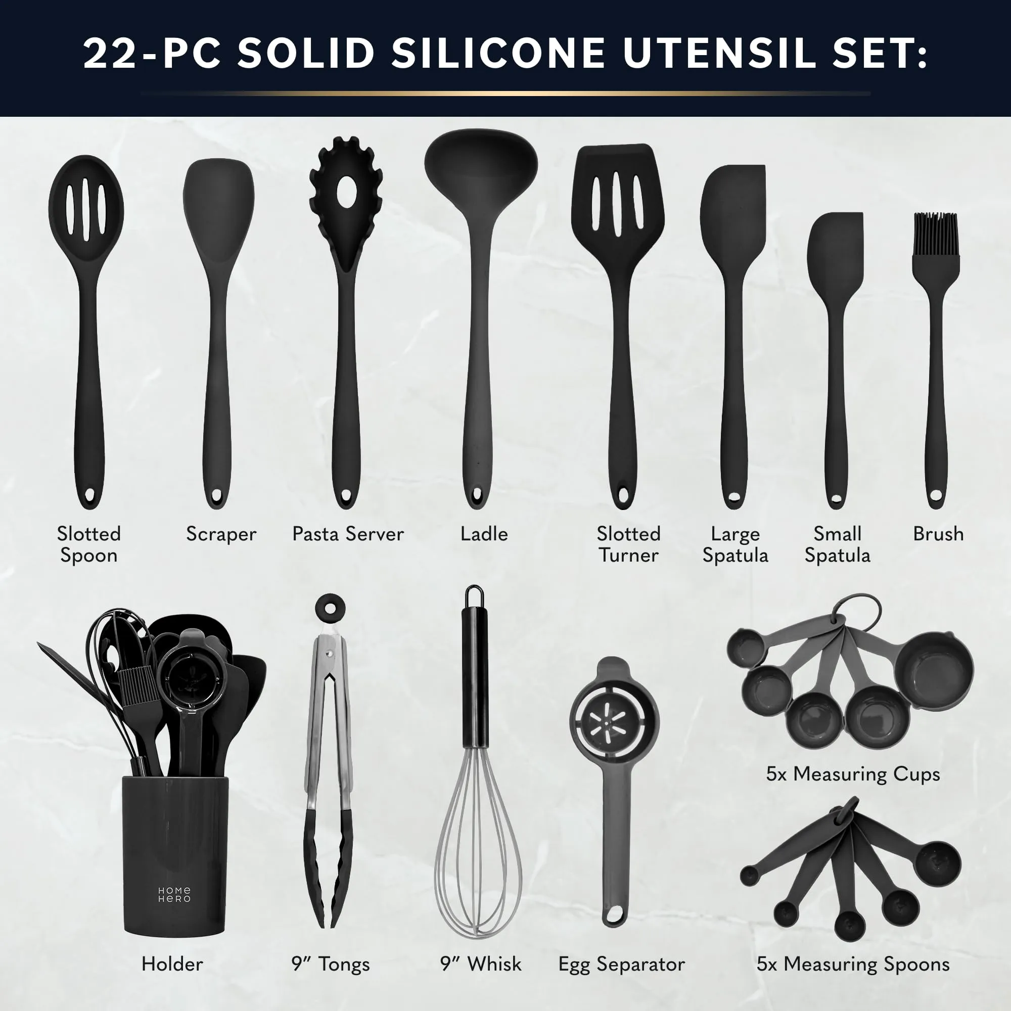 Home Hero Silicone Kitchen Utensils Set - Cooking Utensils Set - Silicone Cooking Utensils Set - Silicone Utensil Set - Silicone Utensils For Cooking Kitchen Utensil Set (22 Pcs - Black)