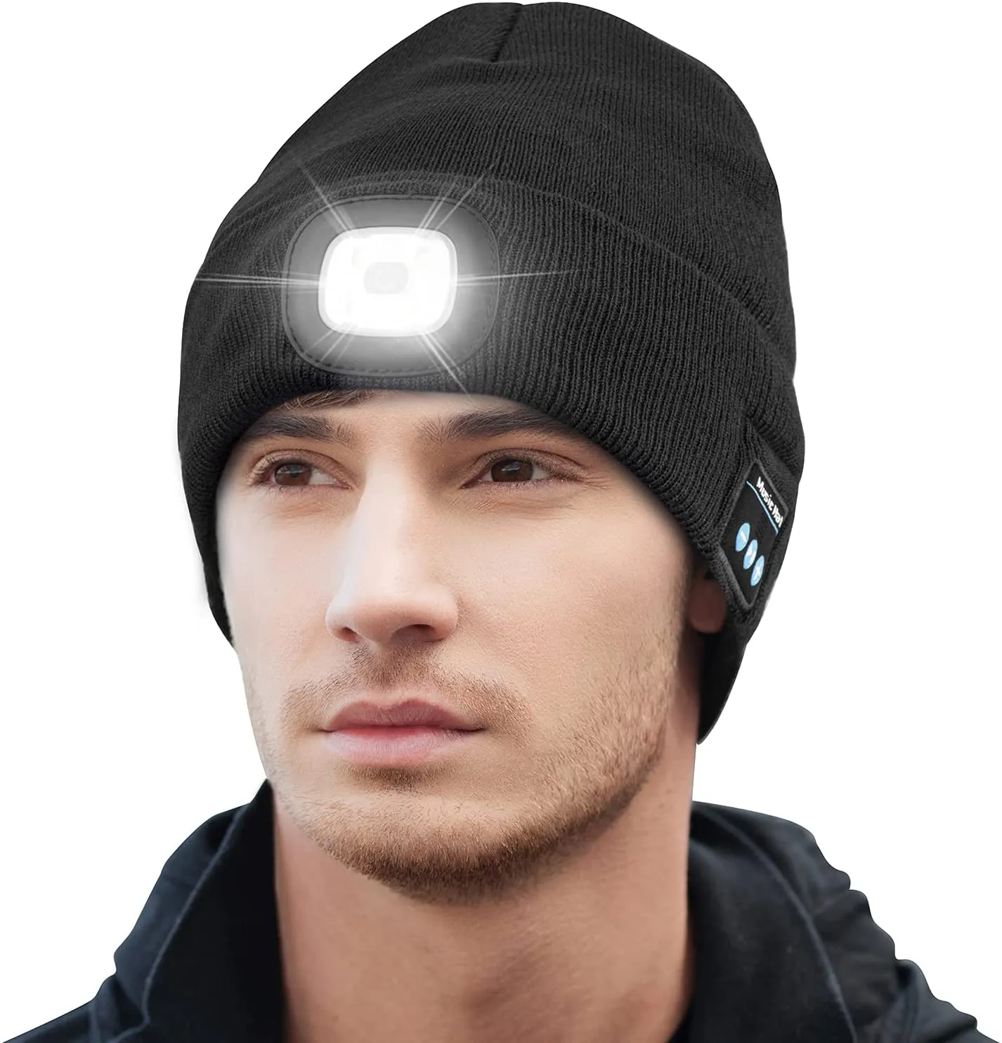 Keains Unisex Bluetooth Beanie with Headlight, Upgraded Musical Knitted Cap with Headphone and Built-In Stereo Speakers & Mic, LED Hat for Running Hiking,Christmas Gifts for Men Women Dad