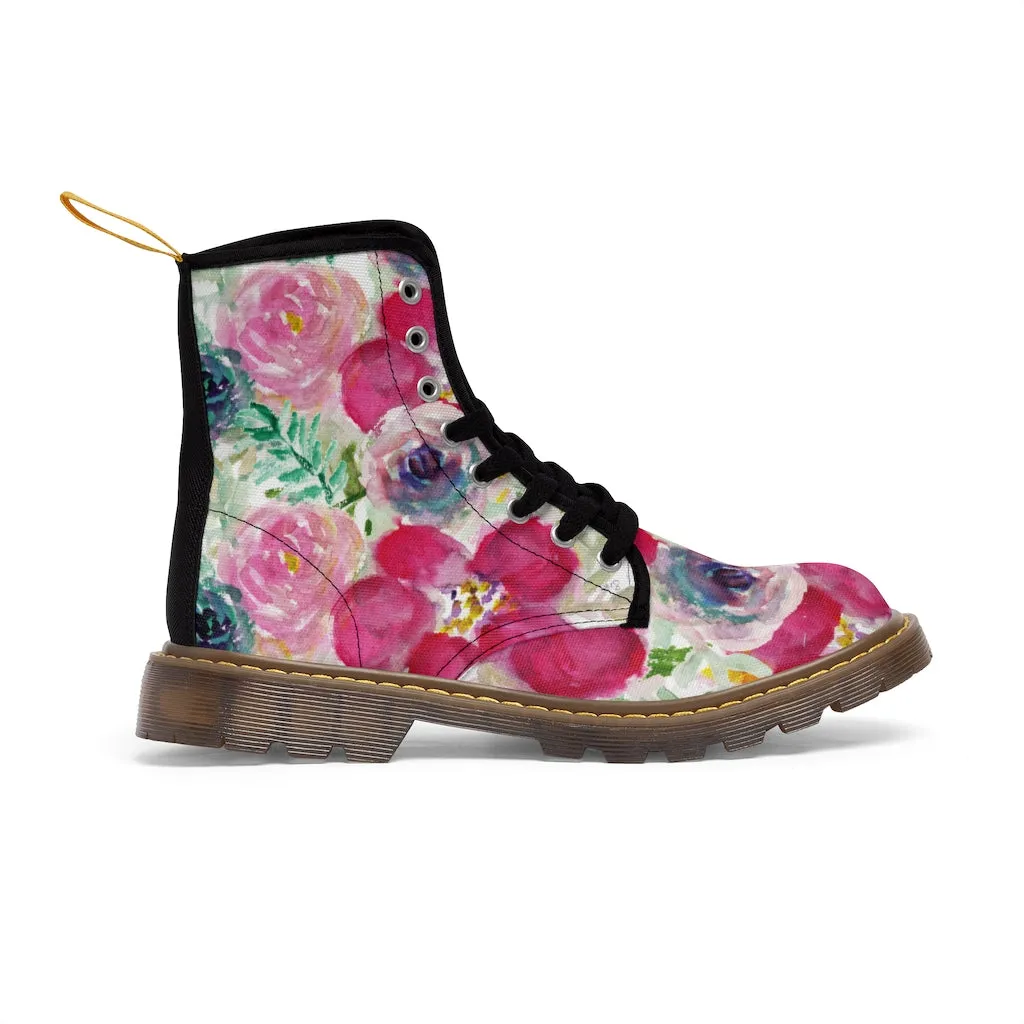 Mixed Floral Print Women's Boots, Rose Ladies' Hiking Combat Hiking Laced-up Boots Shoes