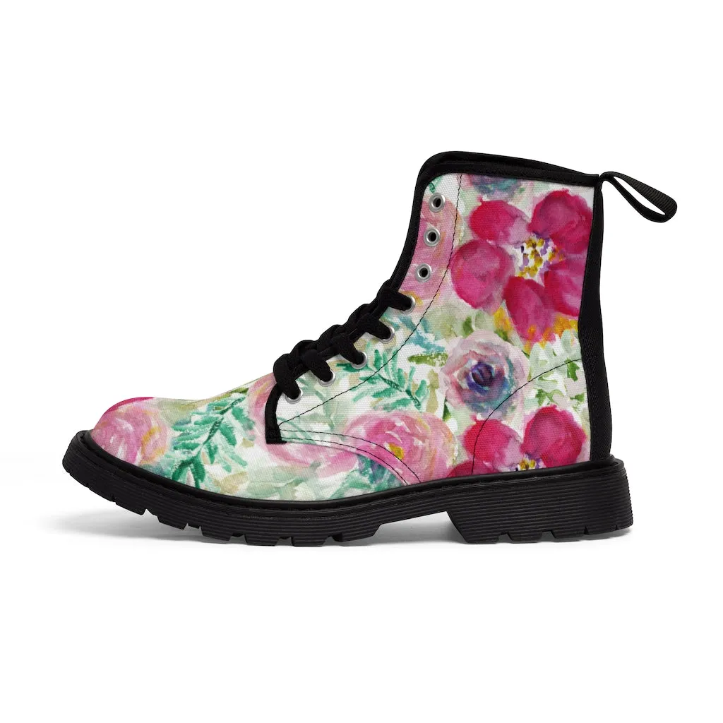 Mixed Floral Print Women's Boots, Rose Ladies' Hiking Combat Hiking Laced-up Boots Shoes