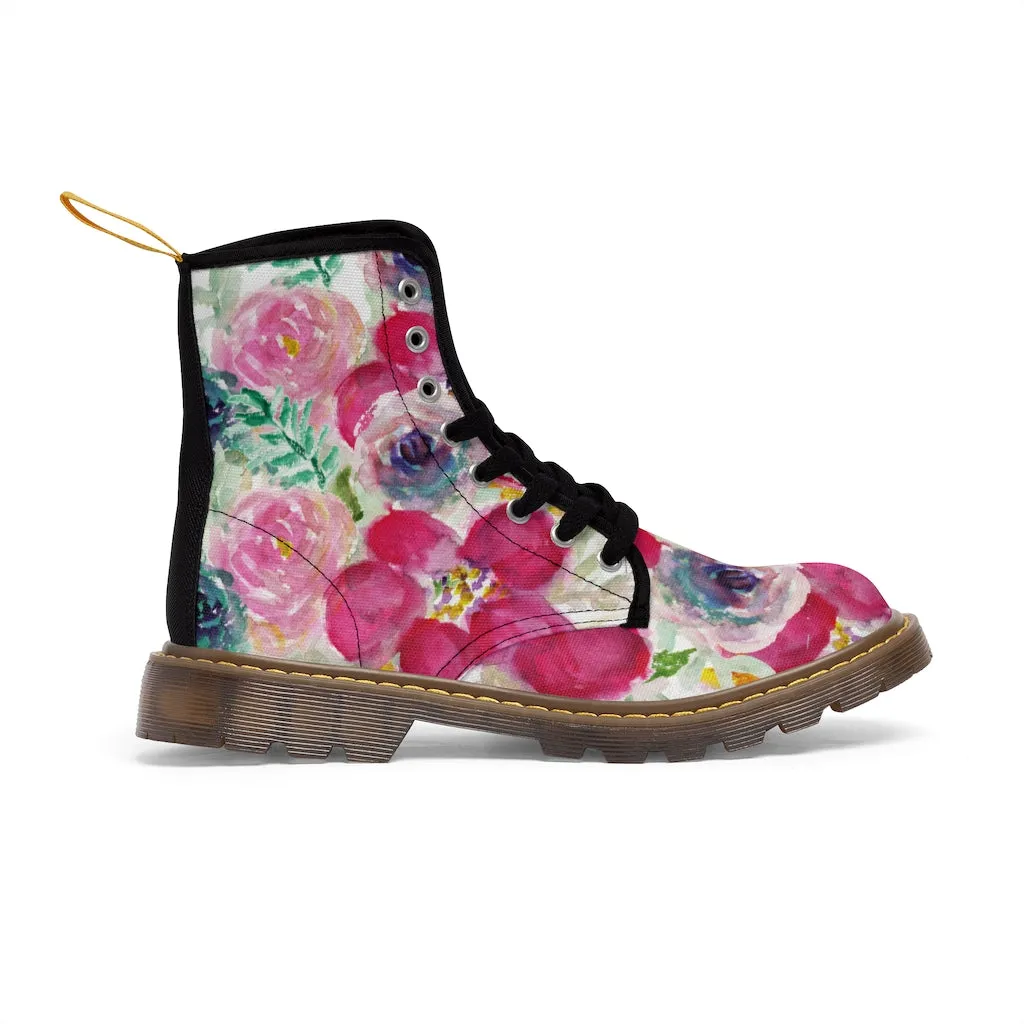 Mixed Floral Print Women's Boots, Rose Ladies' Hiking Combat Hiking Laced-up Boots Shoes