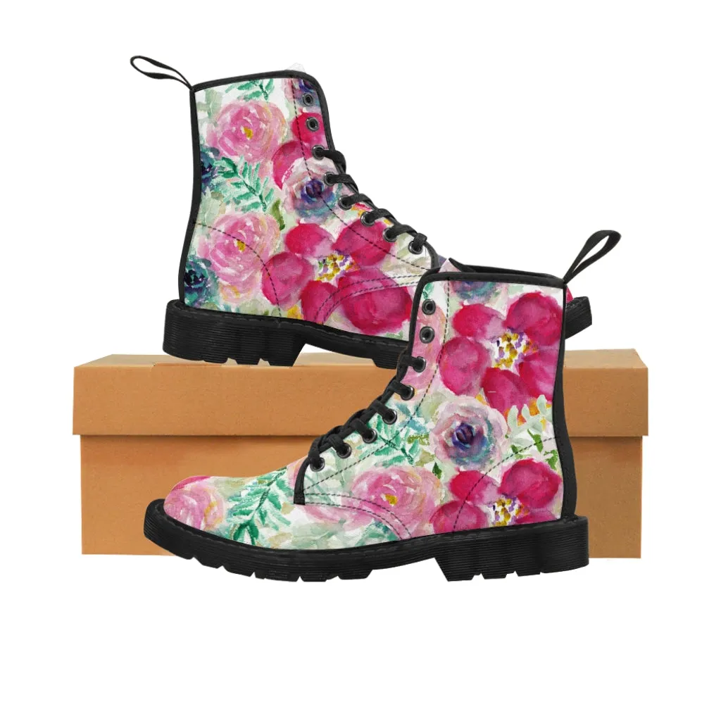 Mixed Floral Print Women's Boots, Rose Ladies' Hiking Combat Hiking Laced-up Boots Shoes