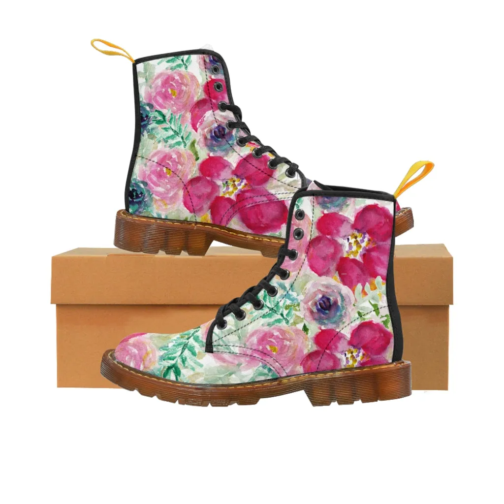 Mixed Floral Print Women's Boots, Rose Ladies' Hiking Combat Hiking Laced-up Boots Shoes