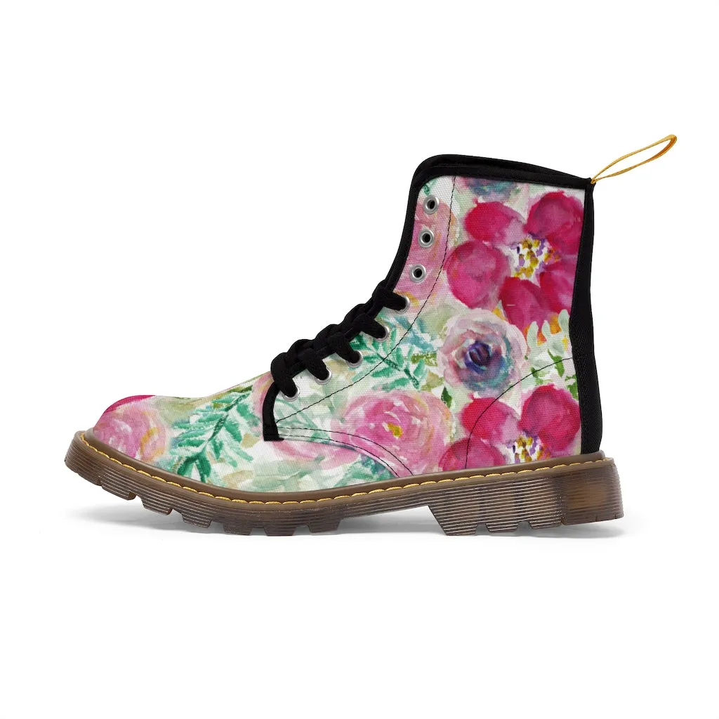 Mixed Floral Print Women's Boots, Rose Ladies' Hiking Combat Hiking Laced-up Boots Shoes