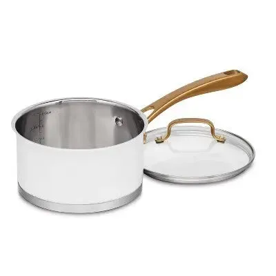 New - Cuisinart Classic 2.5qt Stainless Steel Saucepan with Cover and Brushed Gold Handles Matte White