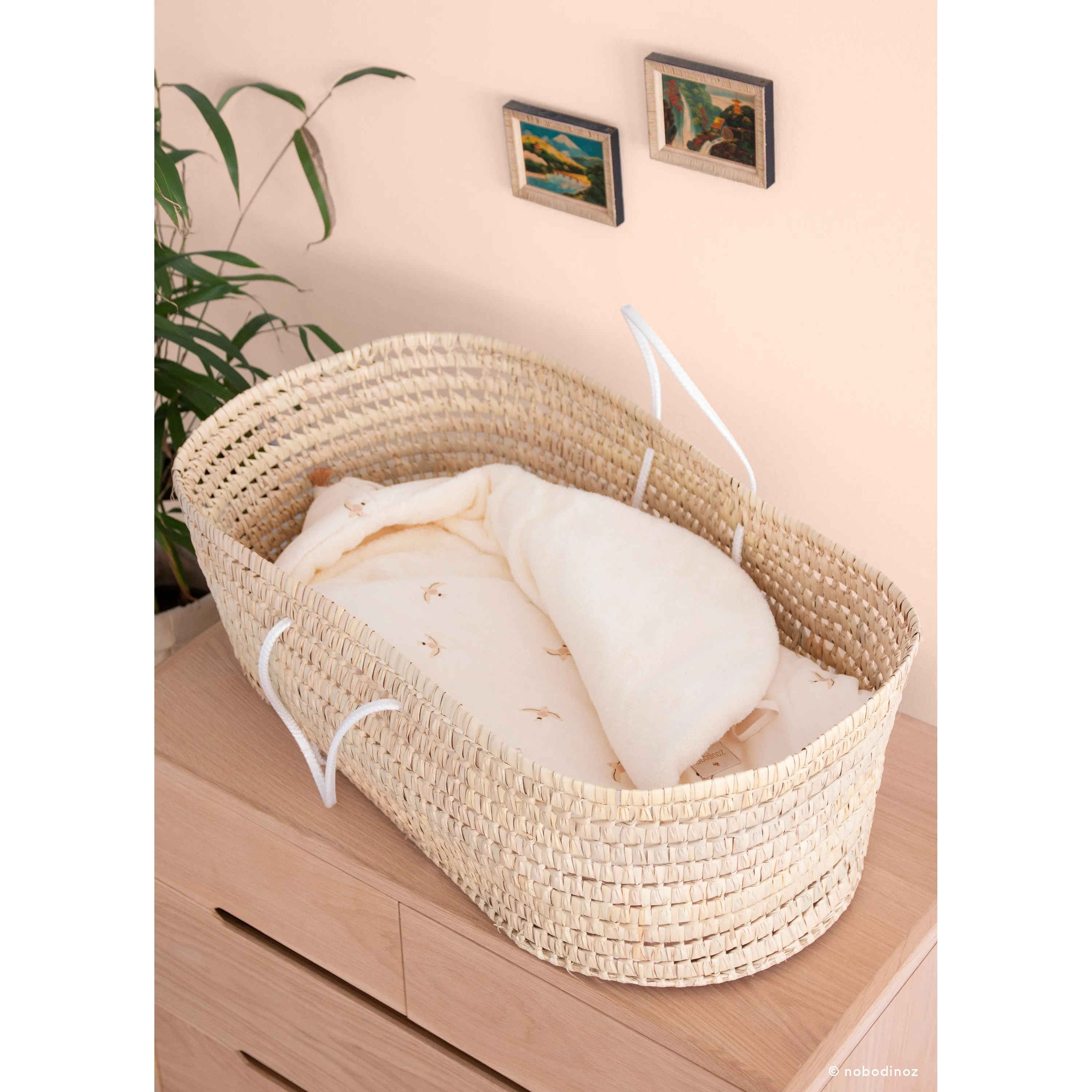 nobodinoz Cozy Natural Winter Baby Nest Bag Nude Haiku Birds Natural