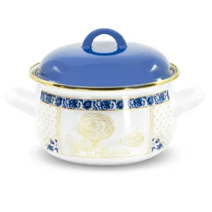 Red Co. Small Enameled Cookware 7" Belly Deep Metal Casserole Induction Pot with Lid, Handles, Vintage Gold and Blue Flower Pattern Design - 3 Quart