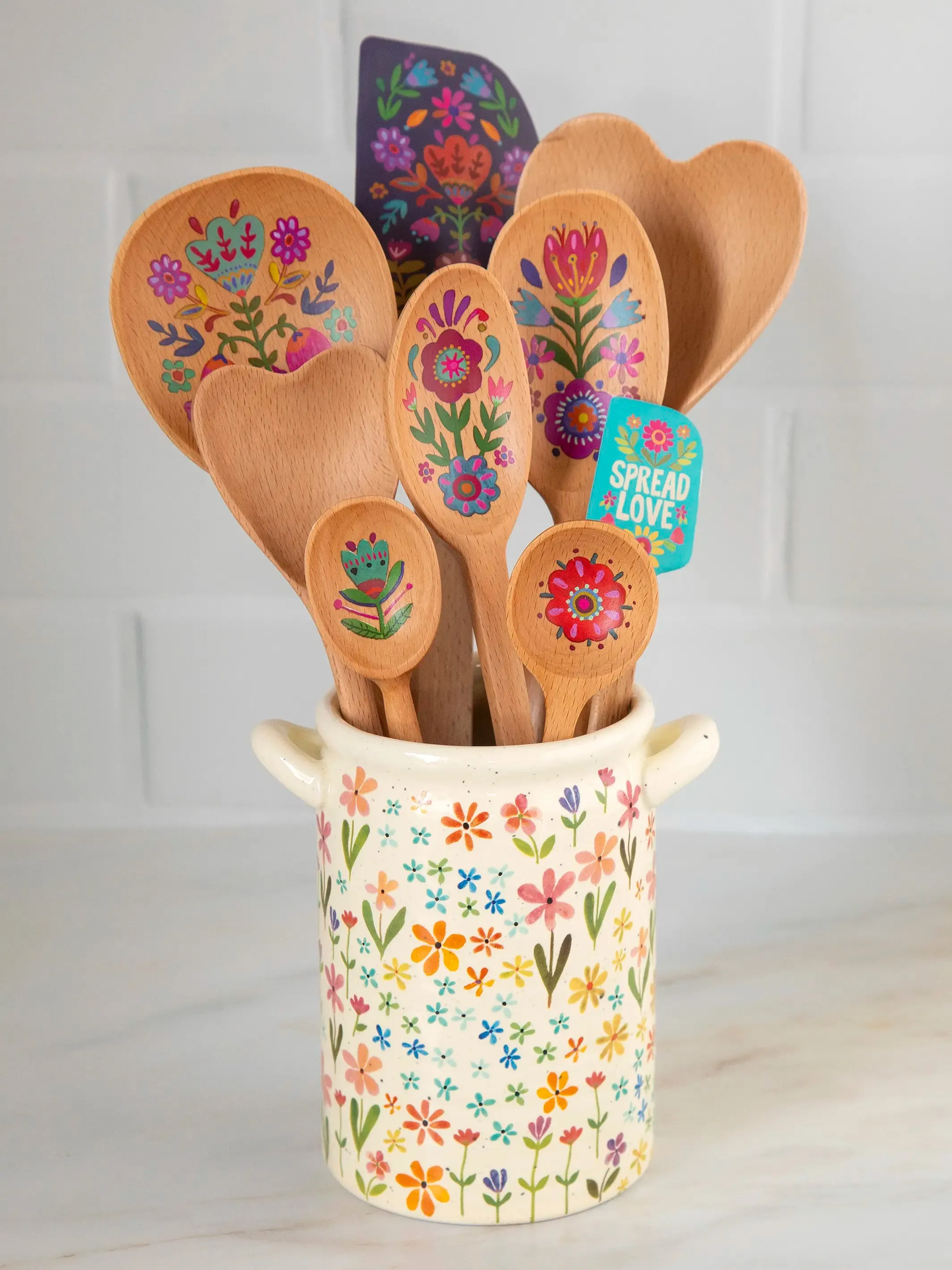 Utensil Crock - Ditsy Cream Rainbow Floral