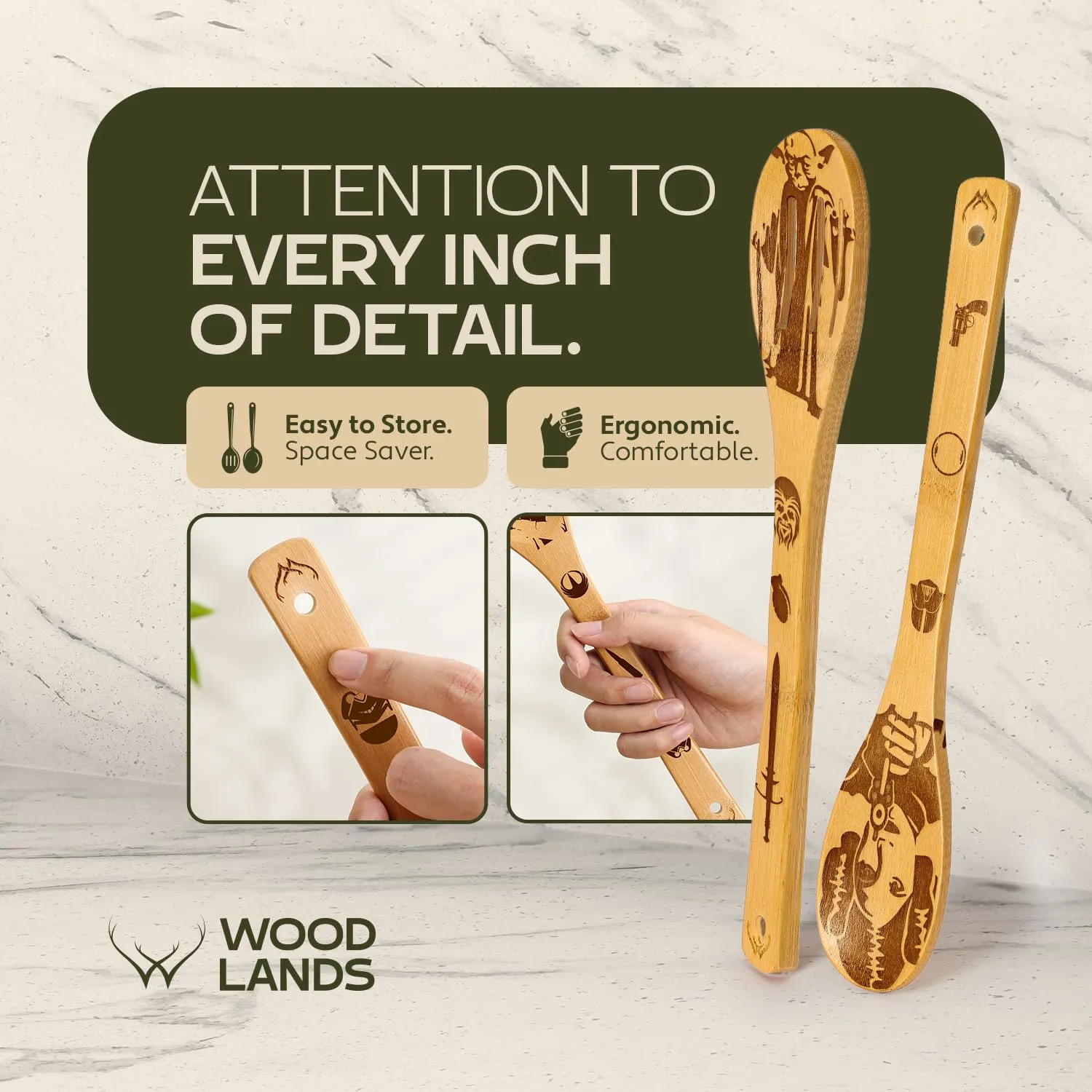 Woodlands-USA Star War Gifts for Kitchen - Starwars Gifts Wooden Spoons For Cooking - Bamboo Utensils Set - Star War Kitchen Accessories With Star War Spatula - Perfect Star War Cooking Accessories