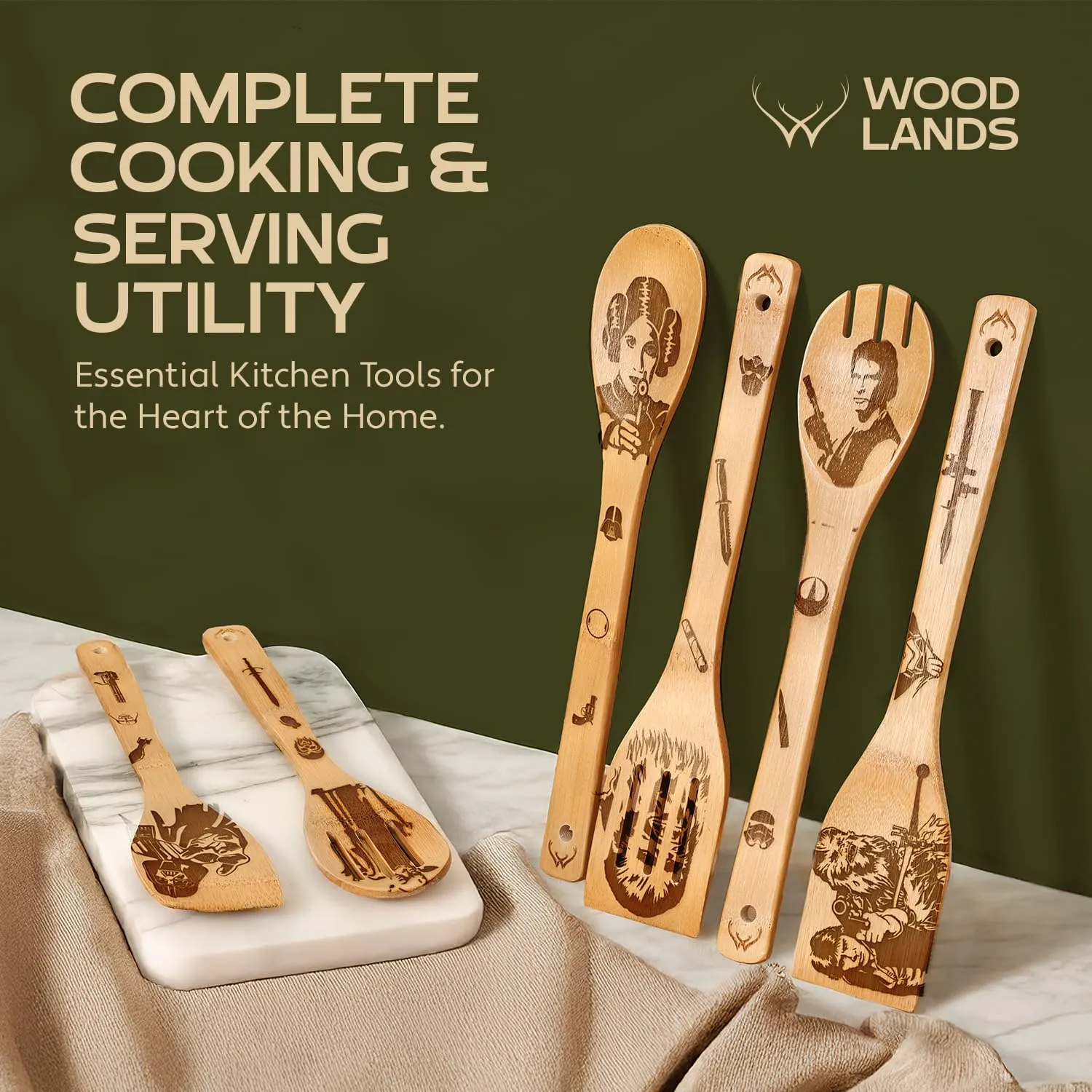 Woodlands-USA Star War Gifts for Kitchen - Starwars Gifts Wooden Spoons For Cooking - Bamboo Utensils Set - Star War Kitchen Accessories With Star War Spatula - Perfect Star War Cooking Accessories